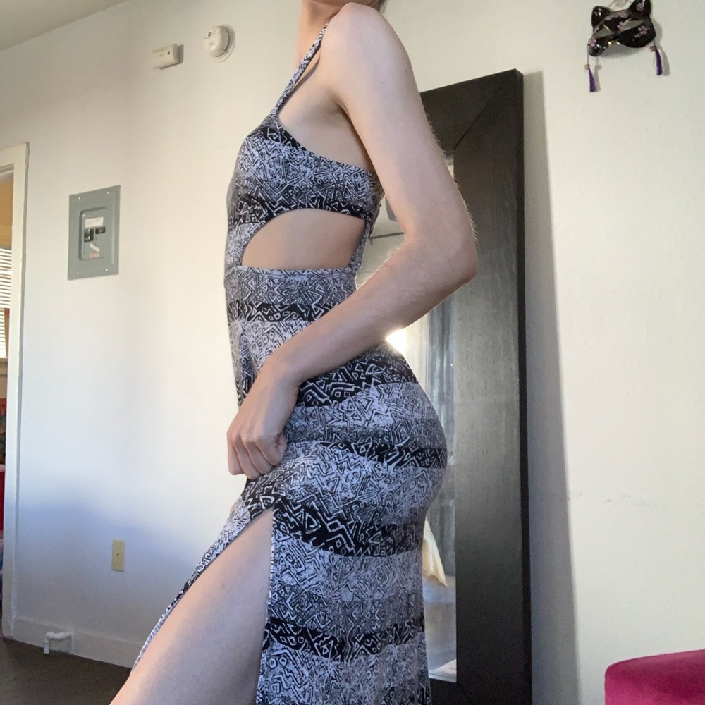 Black and white boho maxi dress with leg slits